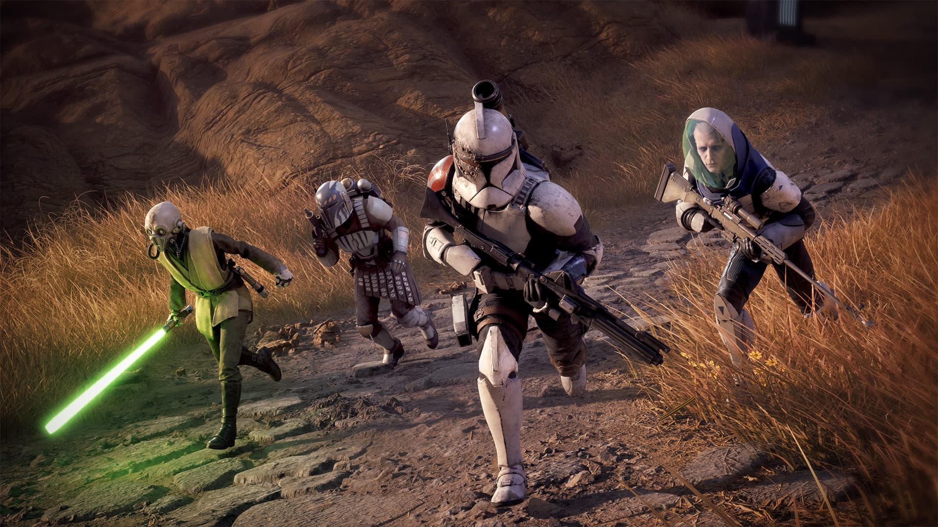 Zero Company operators running through a rocky landscape
