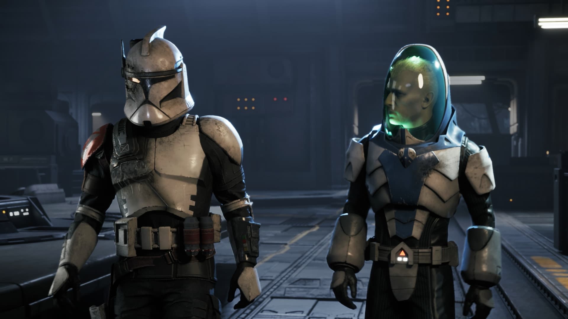 A clone trooper and a custom alien operator walking through a ship