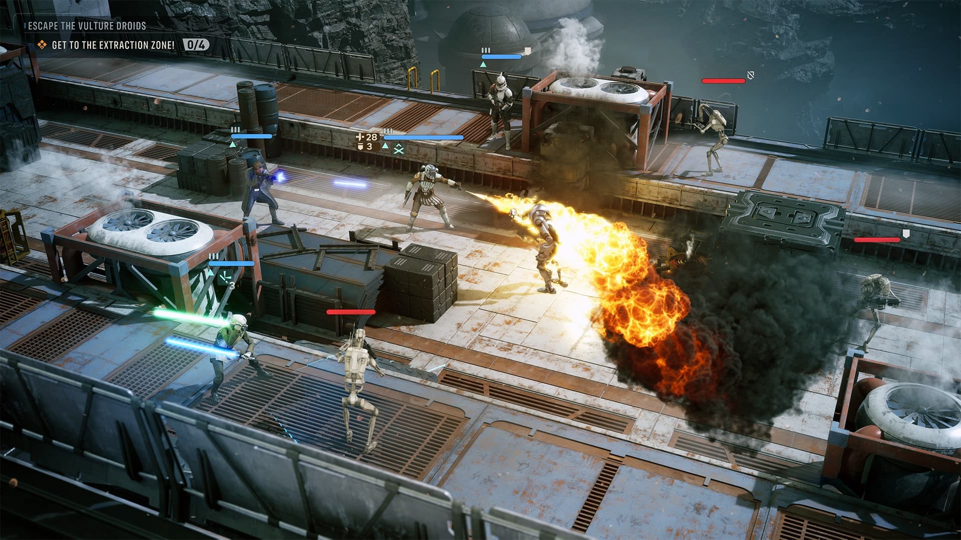 Turn-based tactical combat against battle droids on an industrial platform