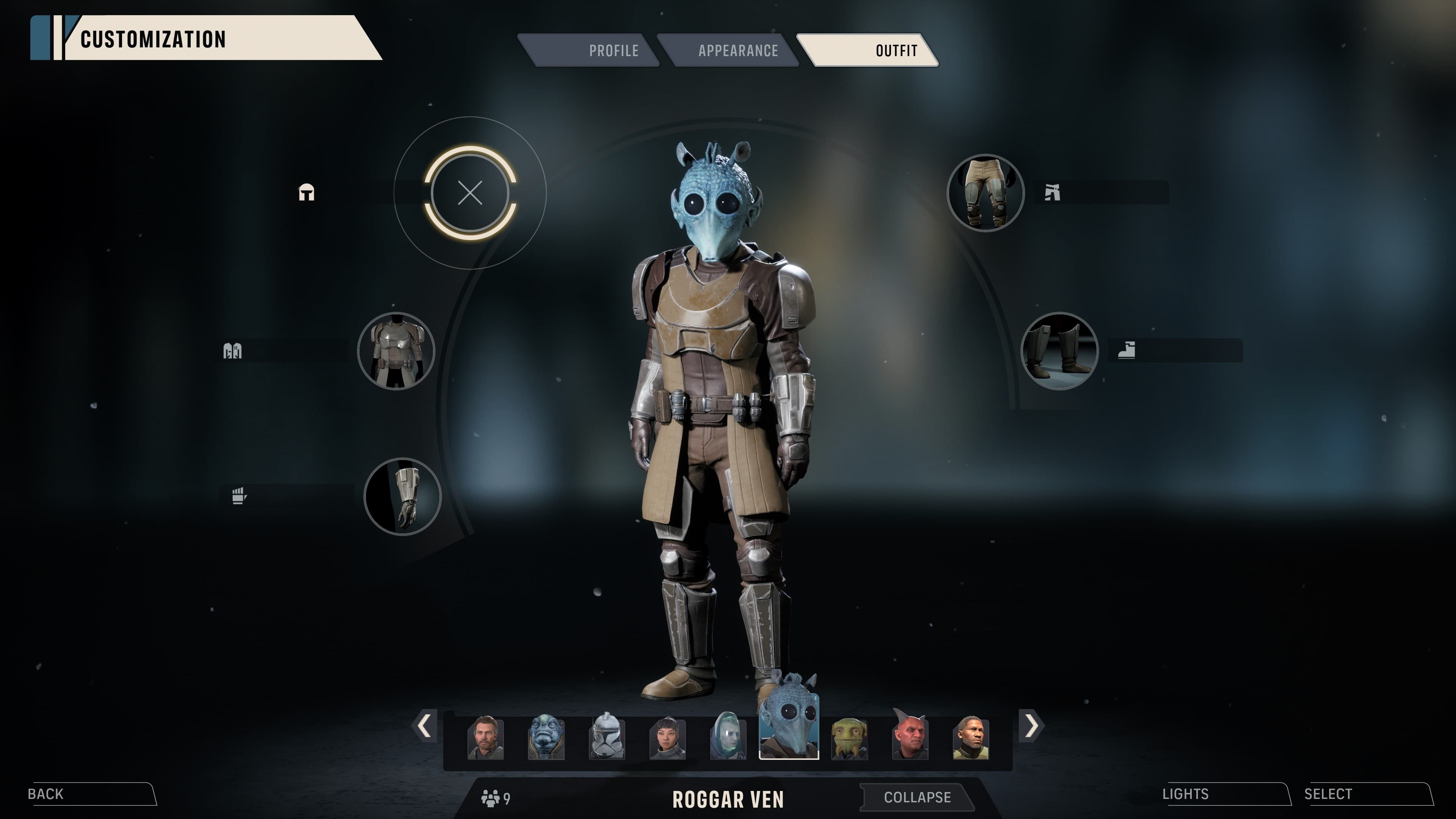 Character customization screen showing outfit, appearance, and operator portraits