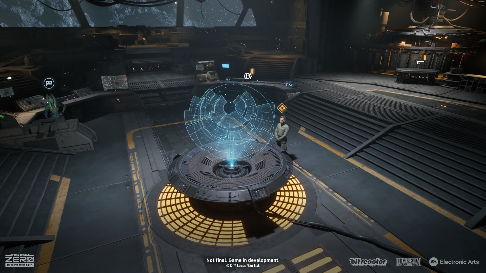 The Den command center with a holographic table and mission stations