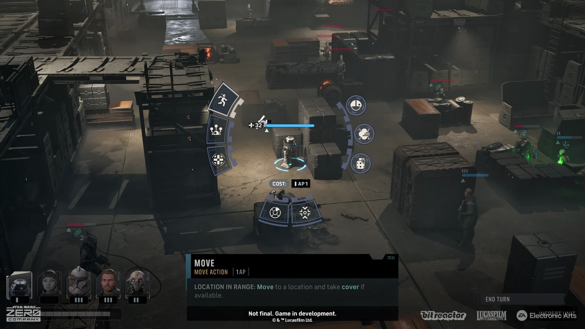 Tactical mission interface showing action points, abilities, and enemies